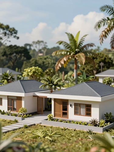 A clean architectural model of modest modern houses surrounded by tropical greenery in Mimika, bright daylight, realistic rendering