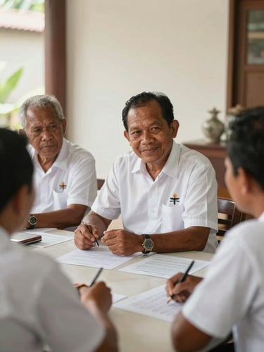 A professional portrait of Papuan cooperative founders in clean attire, discussing waste management plans around a table, warm natural indoor light.