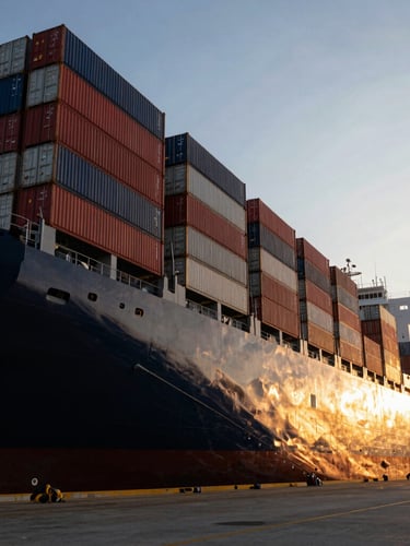 Low-angle powerful shot of a massive deep-water cargo ship at dock side during golden hour, containers stacked high, sharp lighting, cinematic logistics photography