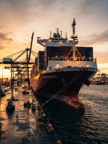 Cinematic logistics photography of a massive deep-water cargo ship at golden hour port lights, low-angle powerful shot, deep crimson accents, 35mm wide-angle lens