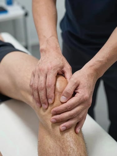 Close-up of physiotherapist hands performing precise manual assessment on an athlete's knee, clinical examination table, neutral studio lighting, medical instruments visible at frame edge, sharp focus on grip and joint position