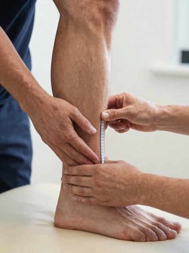 Close-up panoramic frame of a physiotherapist's hands conducting a precise gait-analysis assessment on an athlete's lower limb, clinical examination table, neutral daylight studio lighting, sharp focus on hands and measurement tools
