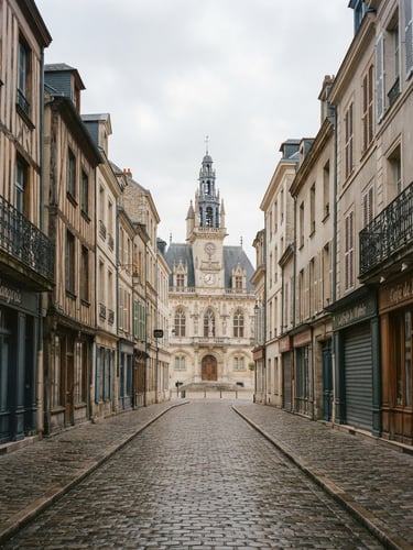 Atmospheric view of the historic cobblestone streets of Compiègne city center in soft overcast morning light, empty road, architectural details, 35mm photography.