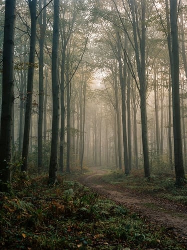 Atmospheric wide-angle editorial photo of the misty Compiègne forest at dawn, tall beech trees, soft morning light filtering through branches, no vehicles, 35mm