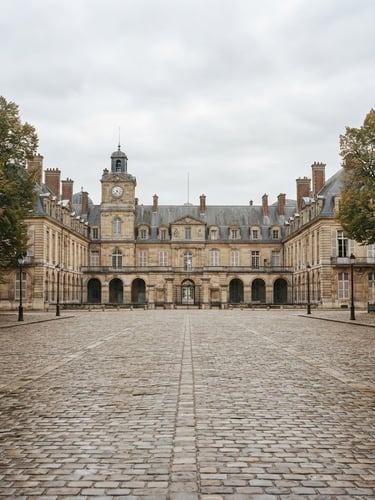 Atmospheric wide-angle photograph of the historic Château de Compiègne under soft overcast morning light, empty cobblestone plaza in the foreground, no vehicles, editorial style.