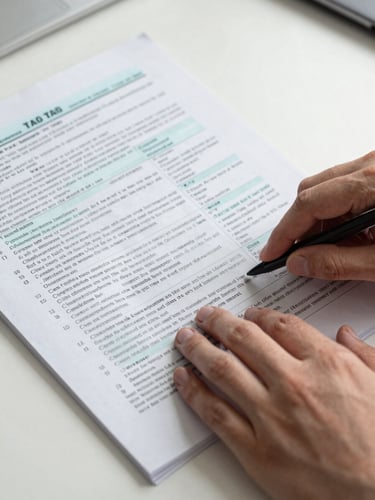 Extreme close-up of hands turning pages of a dense tax code document on a clean white desk, annotated margins visible, cool overhead daylight, sharp focus on fingertips and printed text