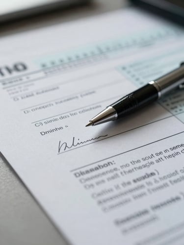 Extreme close-up of a printed tax document on a clean desk surface, a pen resting diagonally across a signature line, cool north-facing daylight from the left, sharp focus on the annotation marks in the margin, no faces