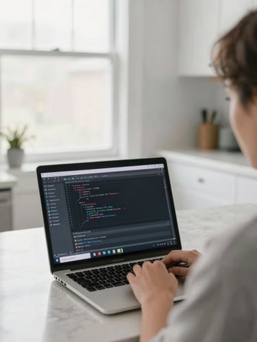 Over-the-shoulder view of an adult learner in a bright Indianapolis kitchen, focused on a laptop screen displaying a code editor, soft morning window daylight, 35mm lens.