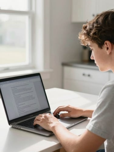 An over-the-shoulder view of a high school student using a laptop at a sunlit kitchen table in Indiana, bright natural window daylight, crisp details, 35mm lens.