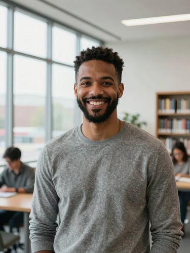 A portrait of a diverse adult learner smiling warmly in a modern Indiana library, soft window daylight, authentic environment, 35mm lens
