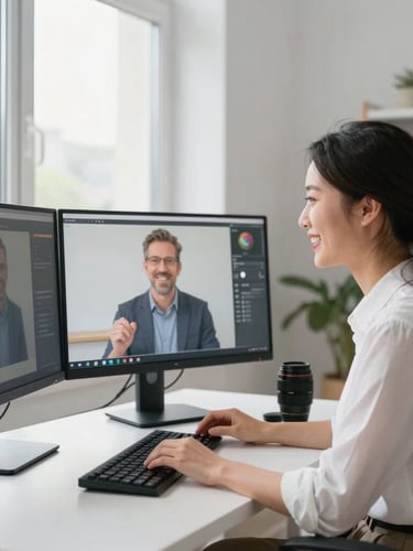 A teacher conducting a digital lesson on dual monitors, smiling warmly, bright natural light, professional home office setup, crisp 35mm lens.
