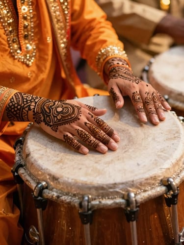 Close-up of hands decorated with intricate henna playing the dhol drum, vibrant orange and gold fabrics, warm festive ambient lighting, shallow depth of field.