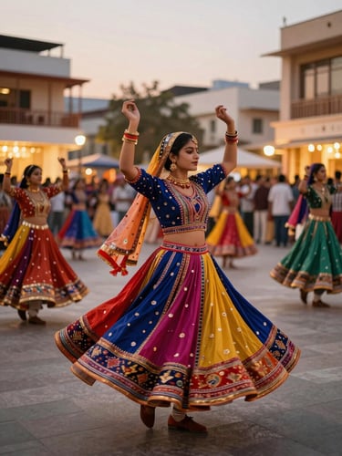 Vibrant traditional Gujarati garba dance in a modern European plaza, colorful spinning textiles, warm golden-hour ambient lighting, shallow depth of field, 35mm