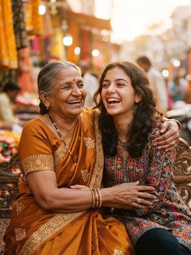A warm editorial portrait of a Gujarati grandmother and her European-born teenage granddaughter laughing together, golden-hour light illuminating rich saffron and marigold textiles, shallow depth of field, 35mm.