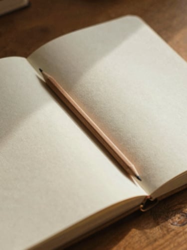 A close-up of an open linen journal on a warm oak desk, soft morning shadows stretching across textured paper, a wooden pencil resting in the crease, warm editorial photography