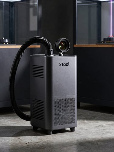 An xTool smoke purifier unit with its flexible hose connected to a sealed laser enclosure, clean modern workshop environment, dramatic side lighting, 50mm lens
