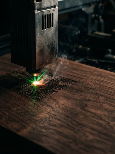 Industrial extreme close-up of an xTool laser head emitting a sharp green light beam onto dark walnut wood, high-contrast workshop lighting, dramatic shadows, 50mm lens