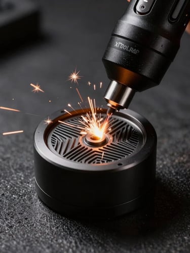 Close-up of an xTool RA2 Pro rotary tool spinning a matte black metal tumbler, bright laser beam engraving a detailed geometric pattern, dramatic sparks, dark workshop atmosphere, 50mm lens