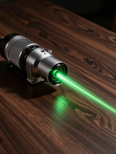 Industrial product photography of a high-power laser head in action, sharp neon green light beam slicing through dark walnut wood, dramatic workshop shadows, rich dark tones, 50mm lens