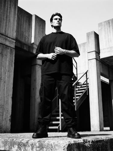 Low-angle heroic shot of a male model wearing an oversized black heavyweight t-shirt, standing in a brutalist concrete environment, harsh direct sunlight creating deep shadows, monochrome black and white, 35mm film