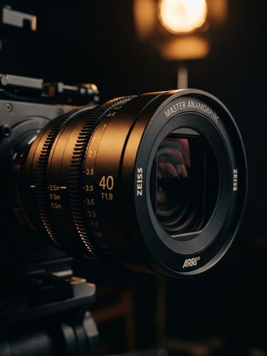 Cinematic corporate photography, extreme close-up of a high-end anamorphic camera lens on a dark corporate set, dramatic warm gold backlighting, deep obsidian shadows, 35mm film look.