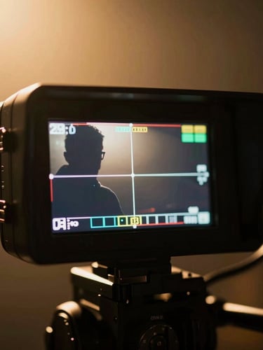 Extreme close-up of a professional camera director monitoring a sharp, high-contrast video feed on a small screen, cinematic backlighting, warm gold tones
