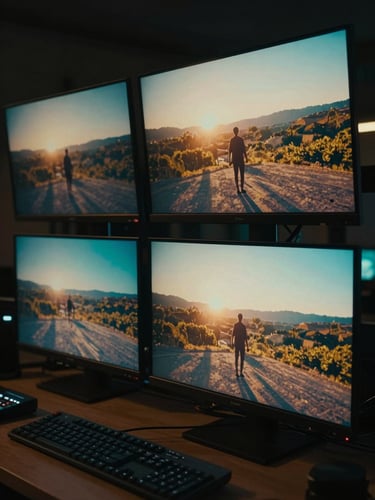 Wide edit bay at night, three large monitors glowing with a richly color-graded cinematic film still — warm tungsten shadows, deep teal highlights — keyboard and control surface visible in the foreground, left edge fading into darkness