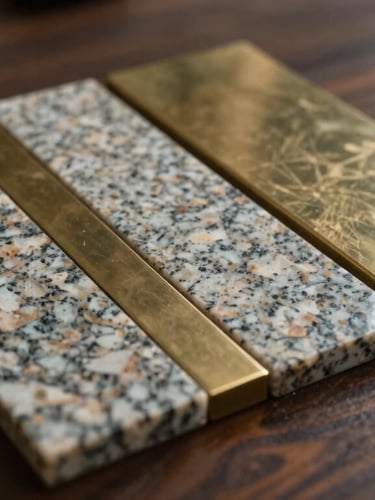One-point perspective close-up of physical material samples on a dark timber table, showing textured granite meeting polished brass inlays under soft side lighting.