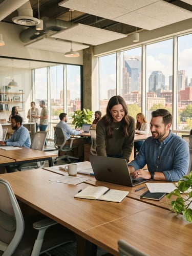 Crisp professional photography of a modern Nashville corporate office, warm natural afternoon light, clean wooden desks, realistic candid atmosphere.