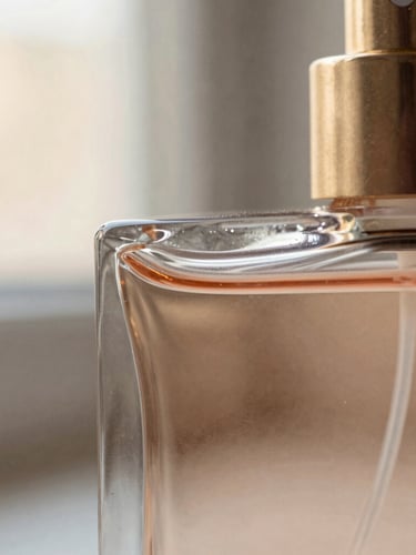 Heavy-weight glass perfume bottle refracting soft golden-hour window light, macro close-up, shallow depth of field, warm editorial photography, 35mm