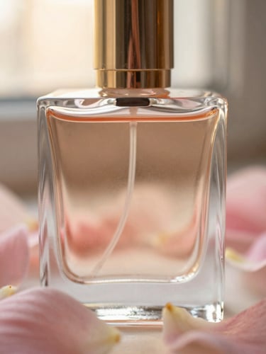 Macro close-up of a heavy-weight glass perfume bottle refracting soft golden-hour window light, surrounded by delicate blush pink petals, shallow depth of field, 35mm