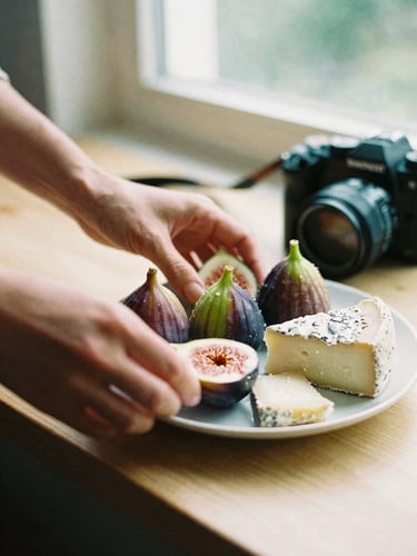 Hands of a food photographer adjusting a plate of fresh figs and artisanal cheese next to a camera, warm natural window light, 35mm film look