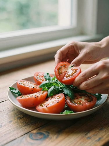 Hands styling a fresh heirloom tomato salad on a rustic wooden table, warm natural window light, 35mm film look