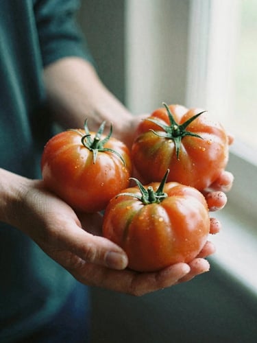 Close-up of hands holding freshly harvested organic heirloom tomatoes in natural morning light, earth on fingers, warm editorial photography style.