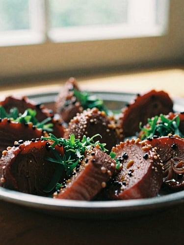 Close-up of a rustic plated seasonal dish with rich textures, warm natural window light casting soft shadows, 35mm film look, rich crimson tones