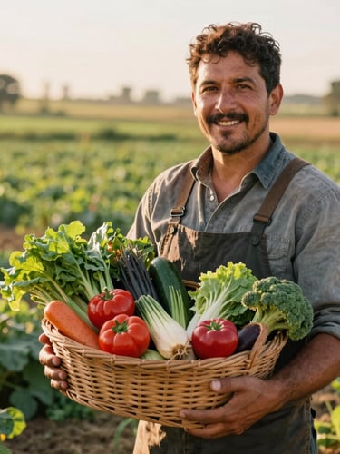 A local Spanish farmer holding a basket of fresh organic vegetables in a sun-drenched field, warm golden hour light, editorial photography