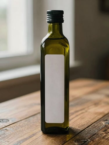 Artisanal olive oil bottle with a minimalist label on a rustic wooden table, soft window light, shallow depth of field, warm tones.