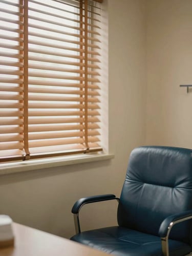 Warm editorial photography of a minimalist medical office, soft natural window light filtering through wooden blinds, a leather chair, warm beige tones, 35mm