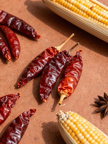 Overhead flat-lay of traditional Latin American ingredients, dry chiles, corn husks, and spices on a terracotta surface, warm natural sunlight