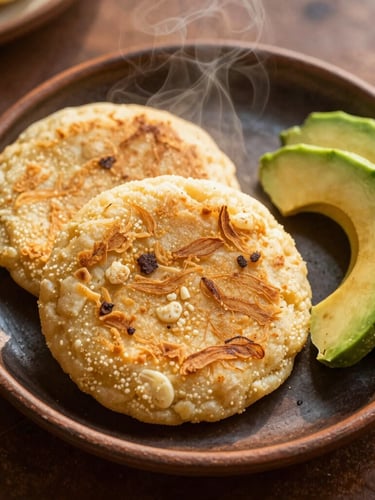 Overhead flat-lay of freshly made golden arepas on a dark clay plate, warm morning sunlight, steam rising, avocado slices on the side, 35mm food photography