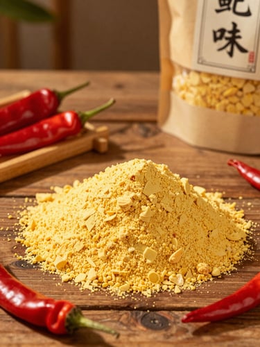 Warm editorial food photography of fresh yellow corn flour, red chiles, and authentic packaging on a rustic wooden table under golden-hour sunlight