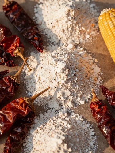 Overhead flat-lay of authentic Latin American ingredients, dry chiles, corn flour, and warm golden hour sunlight, 35mm