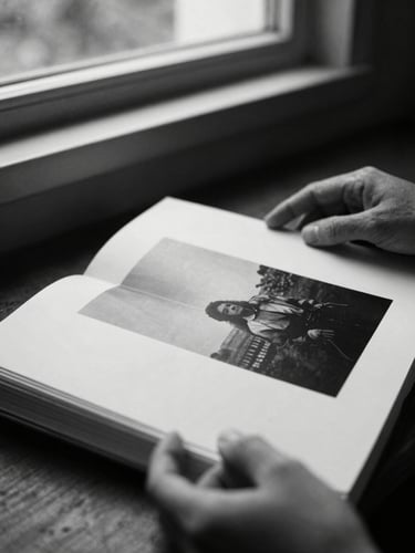 Detalhe de mãos folheando um livro de fotografia de arte, textura de papel, luz lateral suave de janela, atmosfera silenciosa, preto e branco de alto contraste, grão de filme 35mm.
