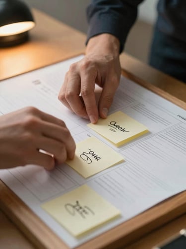 Close-up of hands arranging printed content cards on a wooden planning board, sticky notes visible with handwritten copy ideas, warm tungsten office light from the left, shallow depth of field, no faces visible