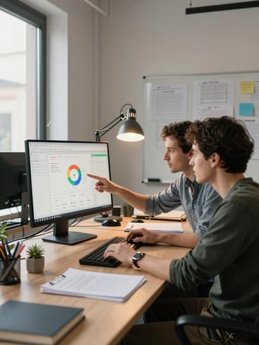 Two office colleagues analyze a colorful data chart on a computer monitor while collaborating at a desk.