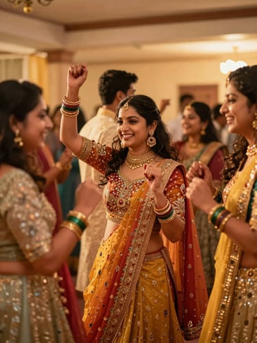 Candid shot of family members dancing and laughing at a sangeet celebration, warm indoor ambient lighting, vibrant attire, shallow depth of field
