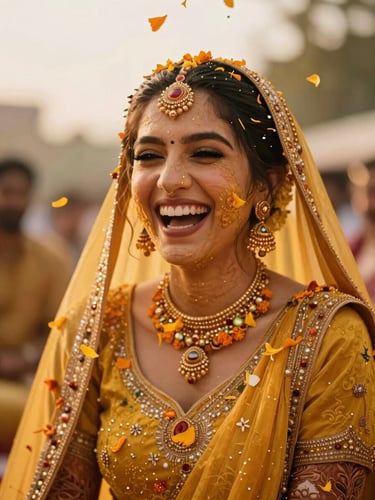 Candid close-up of a bride laughing during her haldi ceremony, warm golden-hour light, marigold petals in the air, shallow depth of field, 35mm