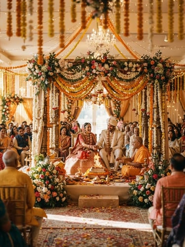 Warm environmental wide shot of a beautifully lit South Asian wedding hall adorned with marigold garlands, golden-hour ambient light, shallow depth of field, 35mm