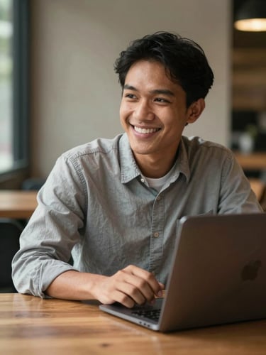 Medium shot of a young Indonesian adult smiling while studying with a laptop at a wooden table in warm afternoon natural light, focused and optimistic expression.