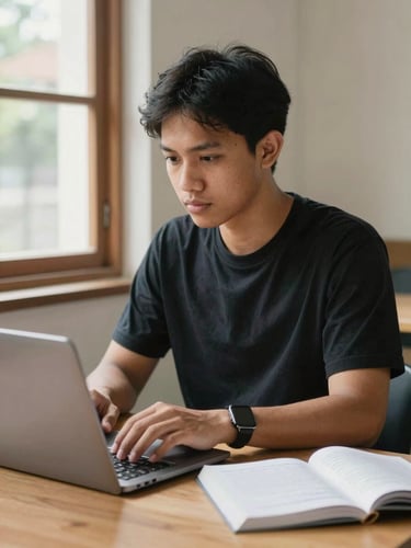 A focused Indonesian adult student typing on a laptop at a wooden table, warm natural window light, modern book with notes beside him, clean composition.